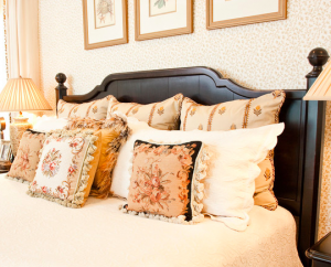Florals, pillows, Matalassé and interior design by Eric Ross, interior designers in Nashville, TN.