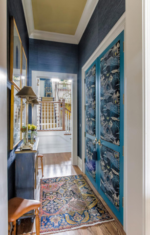 Hallway, Doors, painted Ceiling, upholstered, Nashville interior design by Eric Ross Interiors, interior designers and decorators.