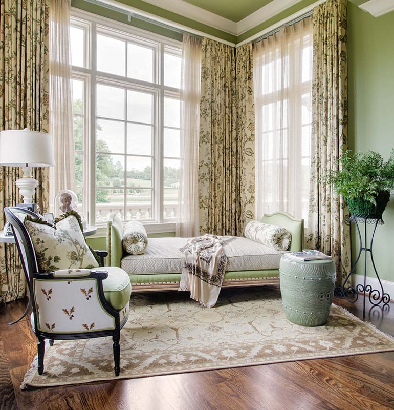 Interior design in Nashville, TN by Eric Ross Interiors, master bedroom sitting area, a daybed and window treatments.