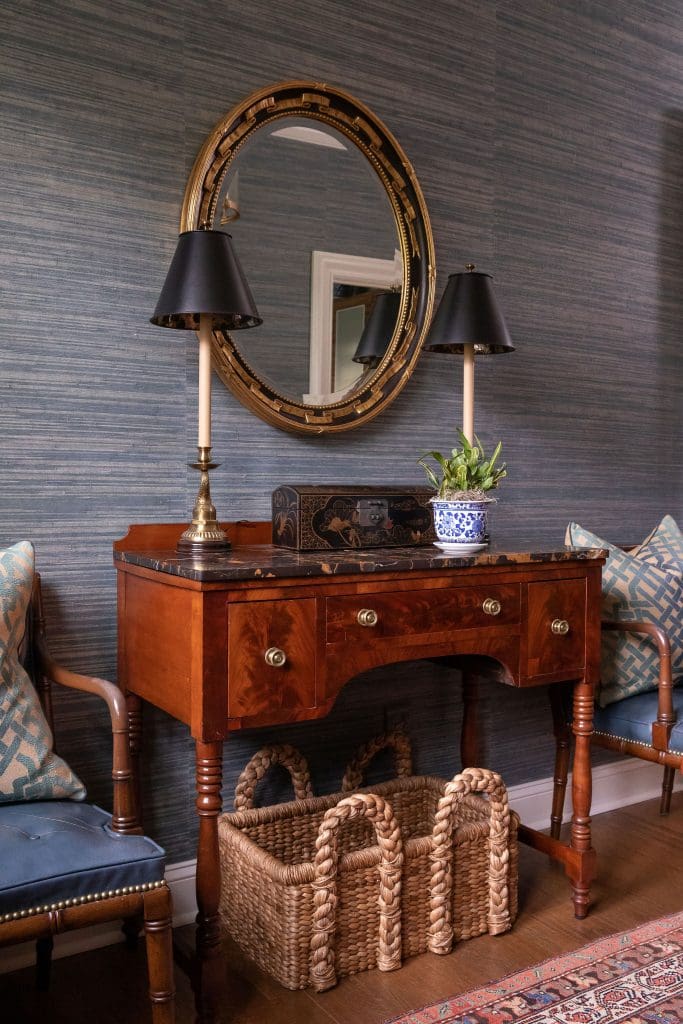 Persian Rug meets dark wood and brass lamps, interior design in Nashville, TN by Eric Ross Interiors.